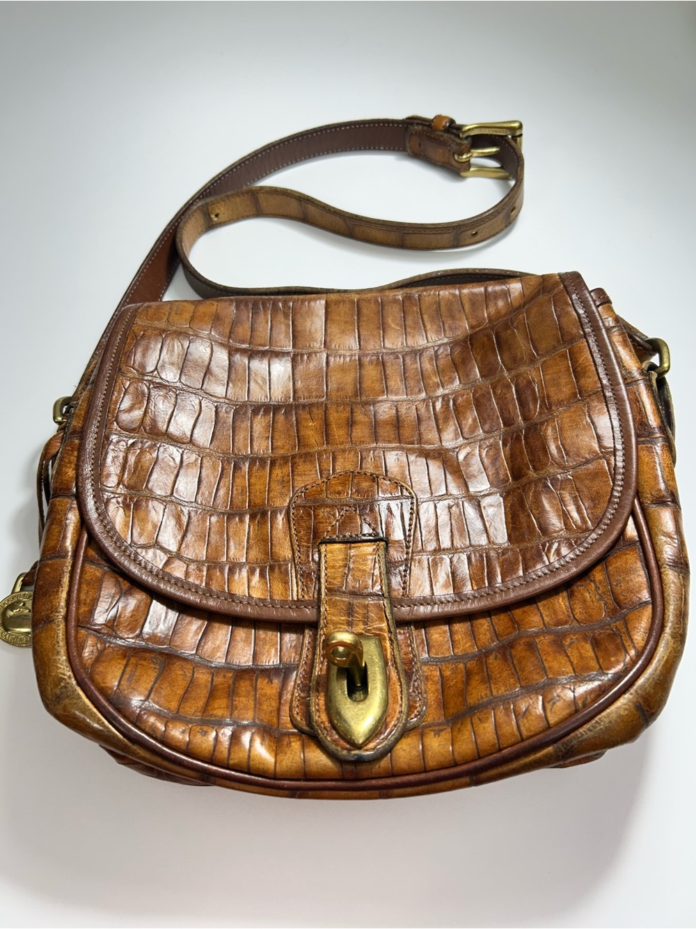 Dooney & Bourke Vintage Brown Croc-Embossed Leather Crossbody Brass Hardware